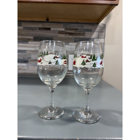 Libbey Currier Ives Wine Glasses Water Goblet Christmas Winter Scene Set of 2 - Picture 2 of 11